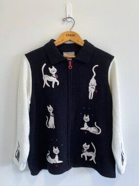 Vintage Zip-Front Sweater w/ Cat Graphic + Rhinestones / Y2K